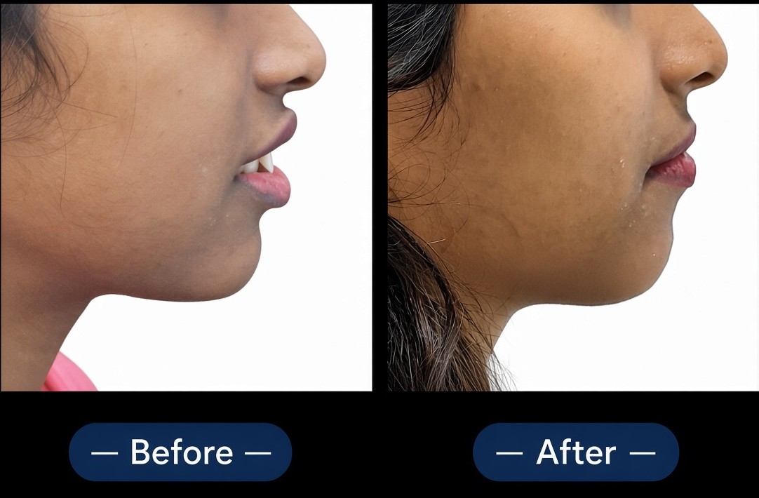 Before and after incompetent lips treated with braces